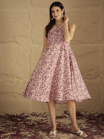 A Floral-Printed Knee-Length Dress With V Neckline Perfect For Turning Heads From Brunch To Evening Outings.